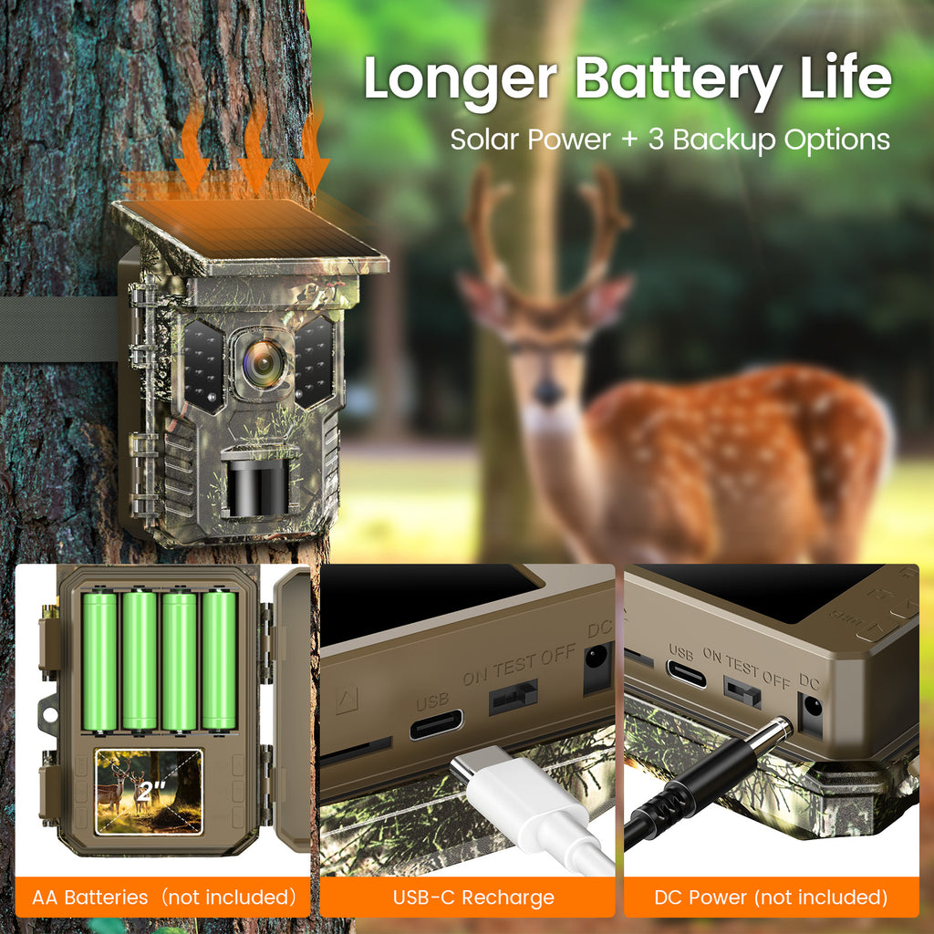 XTU SV-TCQSW Solar WiFi Trail Camera with Bluetooth, 64MP 4K Wildlife Game Camera, 0.2s Motion Activated Trigger, Low-Glow IR Night Vision
